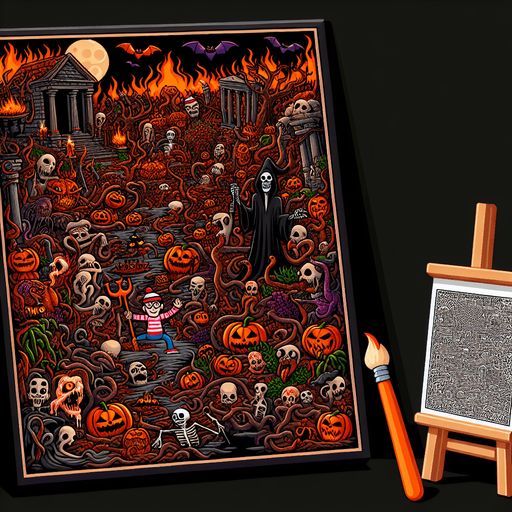 Generate a high quality cartoon background Halloween image on a black canvas similar to the format of where is waldo with a hellish environment.
Single Game Texture. In-Game asset. 2d. Blank background. High contrast. No shadows.