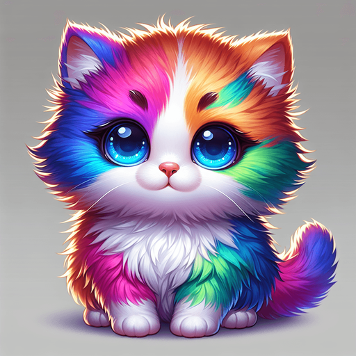 3d cute fluffy colourful kitten big glowing blue eyes.
Single Game Texture. In-Game asset. 2d. Blank background. High contrast. No shadows.