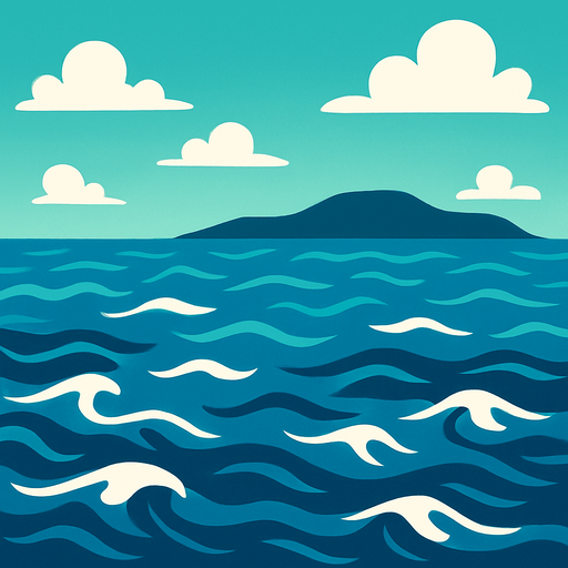 un mar con un fondo a lo lejos.
In-Game asset.  2d.  High contrast.  No shadows