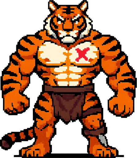 Tigre furry fuerte con una marca de x en su pectoral y pixeleado y que se vea todo su cuerpo, con un taparrabos y una piernera con una daga 
In-Game asset.  2d.  High contrast.  No shadows