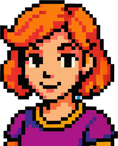 Personaje artística viendo a la cámara pixel art.
In-Game asset.  2d.  High contrast.  No shadows