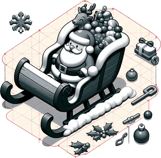 Santas sled, with santa in it Single Game Texture. In-Game asset. 2d. Blank background. High contrast. No shadows. Top down view