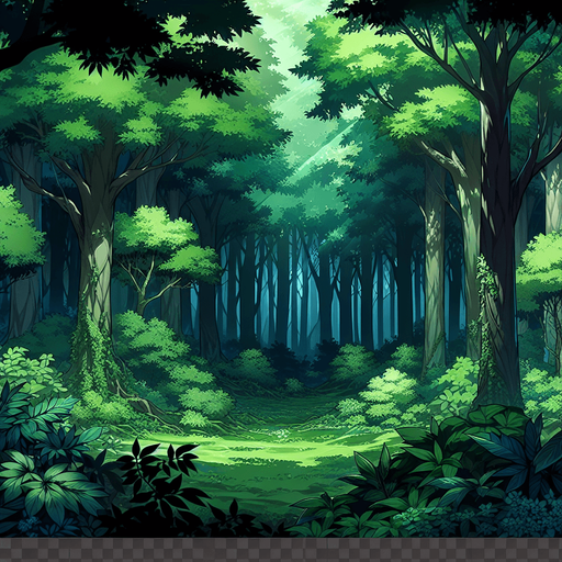 anime style green dark forest.
Single Game Texture.  In-Game asset.  2d.  Blank background.  High contrast.  No shadows