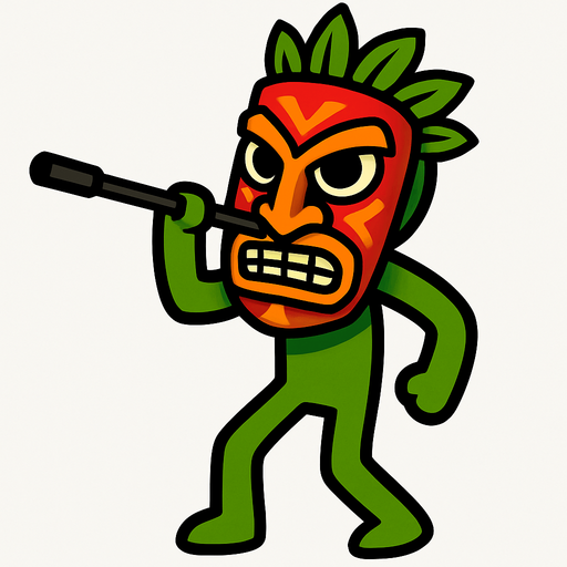 Green stickman with a tribal mask and a stick to shoot darts.
In-Game asset.  2d.  High contrast.  No shadows
