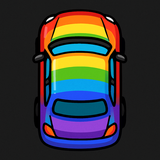 Bird view rainbow car.
In-Game asset.  2d.  High contrast.  No shadows