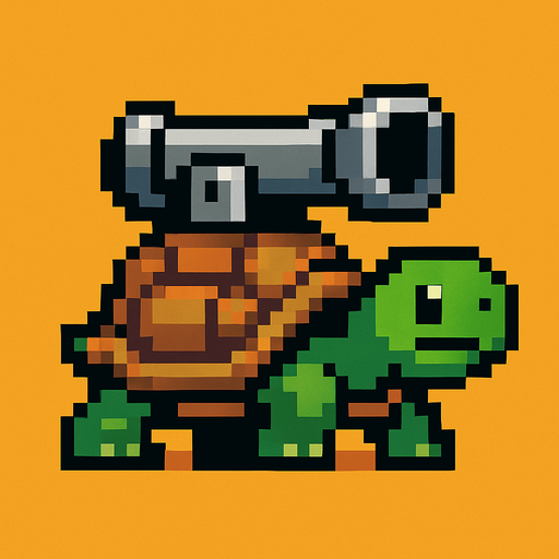 a turtle with a canon on her shell, pixelart.
In-Game asset.  2d.  High contrast.  No shadows