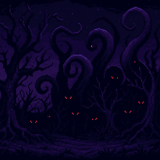 "High-quality 2D pixel art background set at night, with a dark purple atmosphere and eerie lighting. The environment features twisted, dead and infected trees in dark purple and black tones, their branches gnarled like claws. Emerging from the landscape are large, shadowy octopus-like tentacles in shades of violet, wrapping through the trees and terrain. Red glowing eyes are scattered throughout the darkness, hiding within the shadows and between the branches. The scene is ominous and unsettling, perfect for a dark fantasy or horror-themed RPG. Style is detailed 16-bit pixel art, with strong contrast and a moody color palette.
In-Game asset.  2d.  High contrast.  No shadows