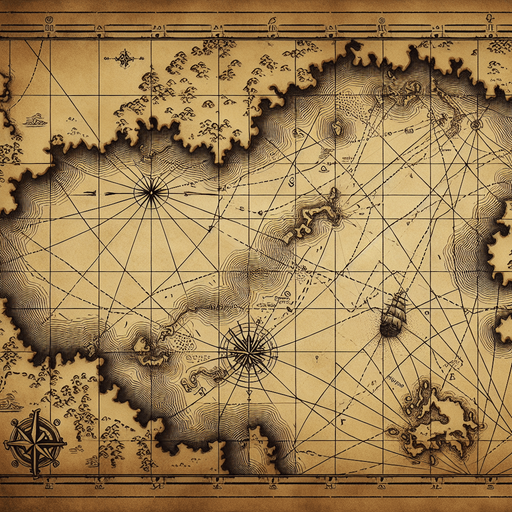 ancient nautical chart.
Single Game Texture. In-Game asset. 2d. Blank background. High contrast. No shadows.
