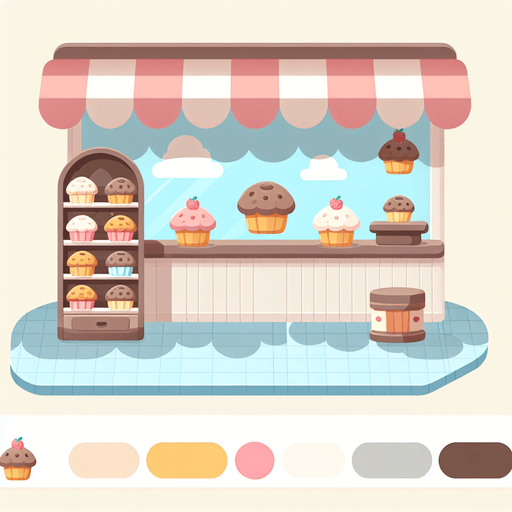 Cute simple 2d Muffin bakery shop from inside.
2d. High contrast. No shadows. Clicker background asset, Flat, few details, few colors