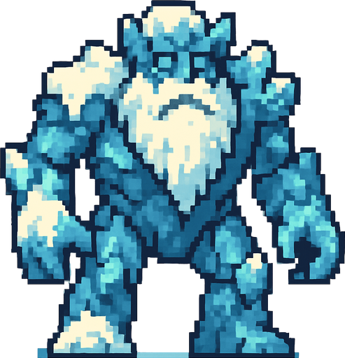 buz golemi (sakalıı buz güzlü  kar gibi yerleri olan ama buz olan yerleride olan ) pixel art bide.
In-Game asset.  2d.  High contrast.  No shadows