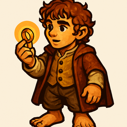 A stylized full-body illustration of a small hobbit holding a glowing ring in one hand, viewed from a 45-degree angle. The hobbit has curly hair, bare feet, and wears rustic, earth-toned clothing with detailed textures. The scene has warm, soft lighting emphasizing the character’s expressive face and the shining ring. The art style is cartoonish with rich colors, smooth shading, and a fantasy atmosphere..
In-Game asset.  2d.  High contrast.  No shadows