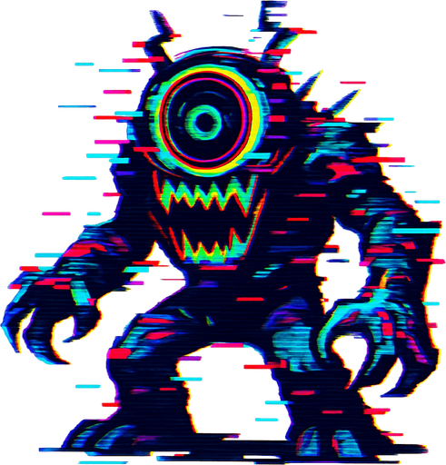 Glitch audio personificado como un enemigo.
In-Game asset.  2d.  High contrast.  No shadows