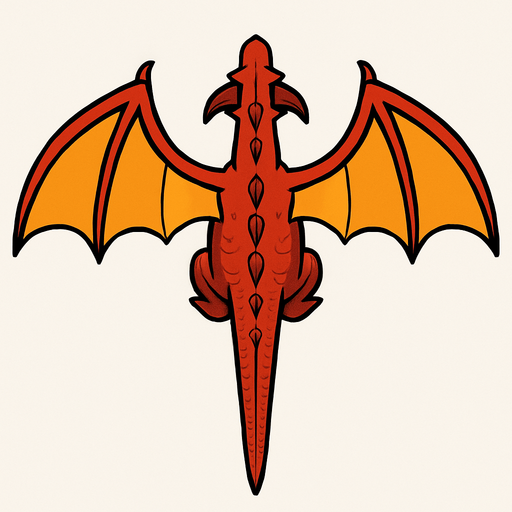 Üstten görünen 2D bir ejder sırt kısmı görünsün ve kuyruğu düz kanatları 75% açık olsun.
In-Game asset.  2d.  High contrast.  No shadows