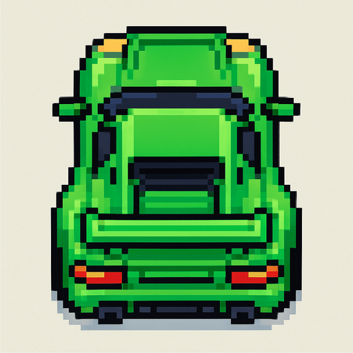 un auto verde deportivo con perspectiva desde arriba hecho con pixeles.
In-Game asset.  2d.  High contrast.  No shadows con perspectiva trasera