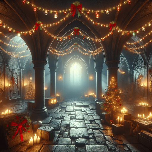 Eerie Christmas-inspired crypt room similar to a resident evil room
Single Game Texture. In-Game asset. 2d. Blank background. High contrast. No shadows.