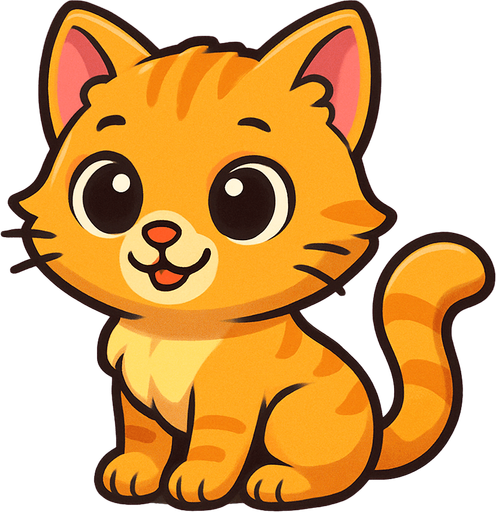 A cute cartoon-style cat character for a mobile game. Soft fluffy fur, big round eyes, small triangular ears, pink nose, and a curled tail. Light gray or orange color, standing or sitting with a playful and happy expression. High-quality digital illustration with a simple, colorful background. Ideal for a fun and friendly kids game.”.
In-Game asset.  2d.  High contrast.  No shadows. cartoon style