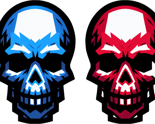 tête de mort coter droit en bleu coter gauche en rouge.
Single Game Texture. In-Game asset. 2d. Blank background. High contrast. No shadows.