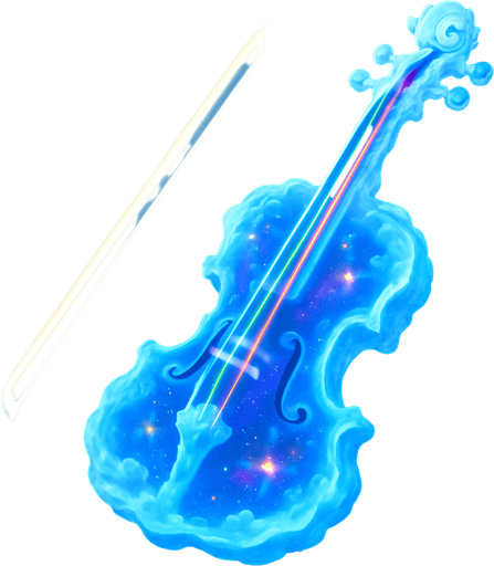 Un violín que parece estar esculpido en nubes etéreas o cristal de éter, con un brillo suave. El arco es un haz de luz pura que deja un rastro luminoso al moverse. Las cuerdas son finos hilos de energía que brillan con diferentes colores, y el cuerpo del violín podría tener constelaciones o nebulosas incrustadas..
In-Game asset.  2d.  High contrast.  No shadows
