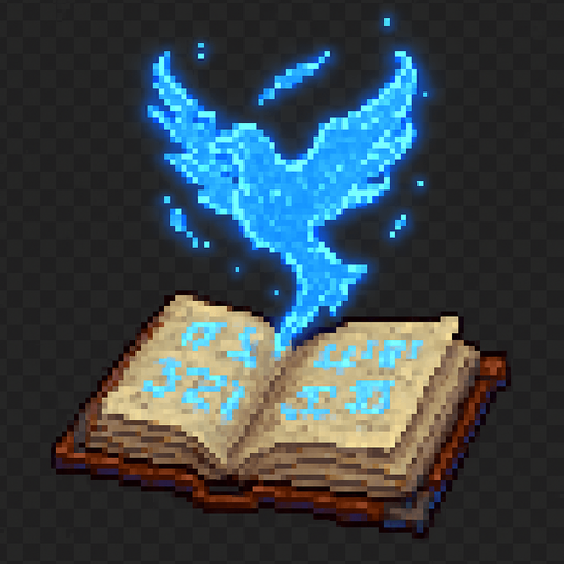 "2D pixel art of a glowing blue bird symbol emerging from an open magical spellbook. The spellbook has worn covers and glowing arcane runes on its pages. The bird symbol floats above the book, made of shimmering blue magical energy, with soft glowing edges and a slightly transparent, ethereal look. It represents a magical creature or summon. Designed in classic 16-bit fantasy RPG pixel art style. Transparent background.".
In-Game asset.  2d.  High contrast.  No shadows