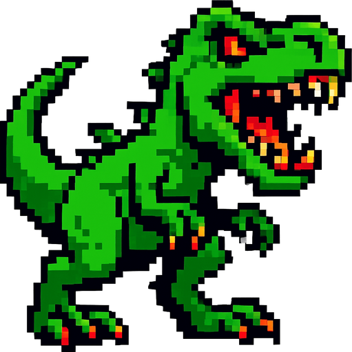90'lardaki retro oyun dinazoru. vahşi olsun. yeşil renk olsun
In-Game asset.  2d.  High contrast.  No shadows