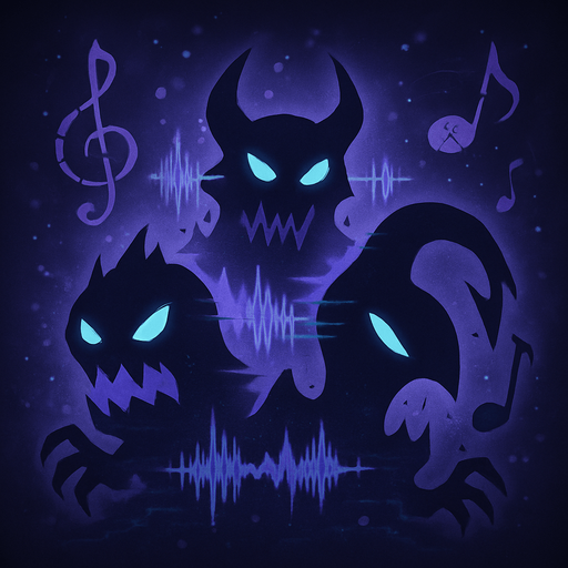 Design an icon for a button labeled "Enemies" in a fantasy tower defense game set in a haunted concert hall. The icon should represent the chaotic and musical nature of the enemies.

Show a cluster of stylized enemy silhouettes made of shadow, glitchy waveforms, or cracked musical notes. They should look menacing but stylized, like abstract creatures of sound and dissonance.

Use a dark, slightly glowing background (deep purple, blue, or smoky black) with subtle magical accents—floating broken clefs, static, or distortion.

Icon must be square (256×256 px), clean, and readable at small sizes.
Avoid text—use only imagery.
Style: semi-flat or digitally painted fantasy UI, consistent with an elegant but eerie orchestral theme..
In-Game asset.  2d.  High contrast.  No shadows
