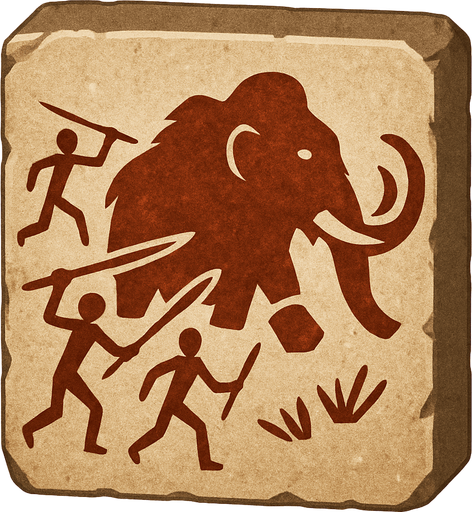 Card packet made out of stone with a Tribal drawing of people Hunting a wolly Mammoth.
In-Game asset.  2d.  High contrast.  No shadows