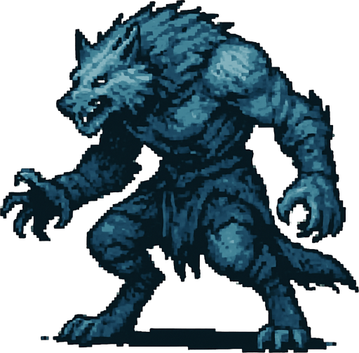 Frost Wolf Man Dark souls style 2d pixel art.
In-Game asset.  2d.  High contrast.  No shadows