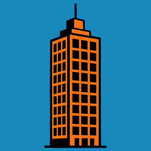 "A 2D in-game asset of a skyscraper, showing only one face of the tower. The design should be high contrast with no shadows.".
In-Game asset.  2d.  High contrast.  No shadows