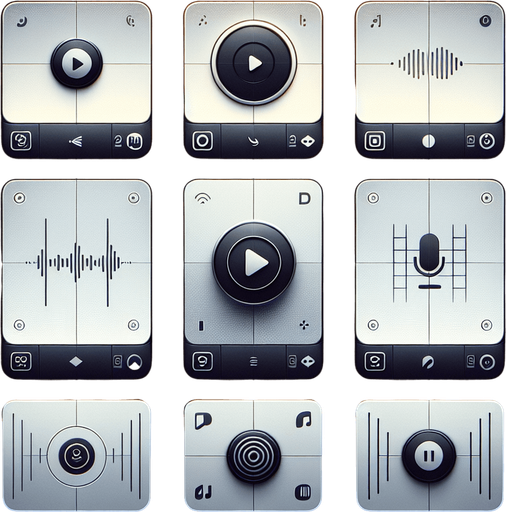 A clean and minimalistic interface for a voice recorder app, featuring a 2x2 grid layout. Each grid square represents a recording file, displayed as large, distinct tiles. Each tile includes a simple circular play button in the center, with a subtle waveform icon or progress bar beneath it to represent the audio. The background is a soft gradient of light grey to white, ensuring clarity and focus on the files. The design is modern and functional, with smooth edges and a clean UI aesthetic for a professional and user-friendly experience..
Single Game Texture. In-Game asset. 2d. Blank background. High contrast. No shadows.