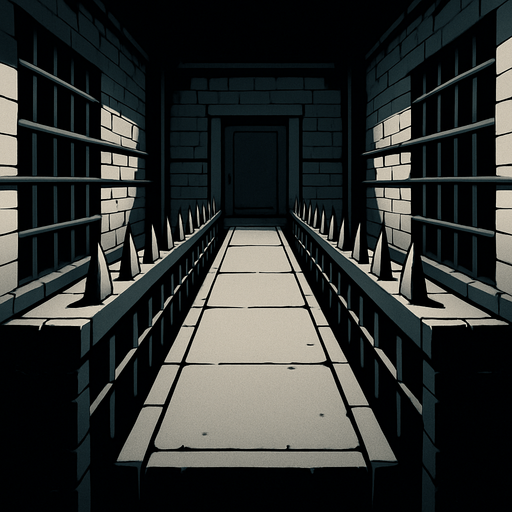 3D building from inside have tall road similar to saw movie rooms, floor going front of the screen, horror taller area have 2 walls on the sides with sharp metals protecting the way and horizontal bars on all of the 2 walls on the sides.
In-Game asset.  High contrast.  No shadows. 3D