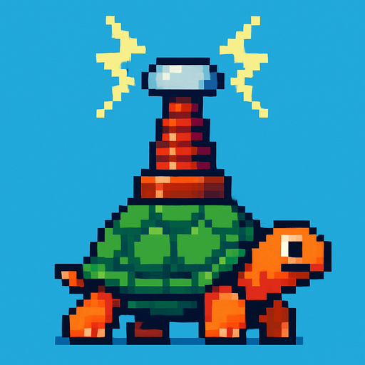 a turtle with a tesla tower on her shell, pixelart.
In-Game asset.  2d.  High contrast.  No shadows