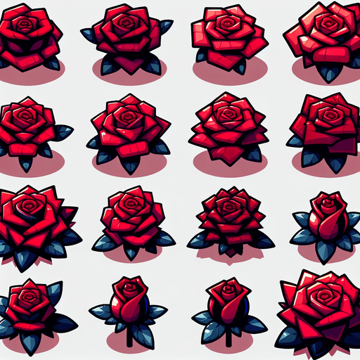 A sprite sheet of different red roses seen from above. Cartoon. All similar size. Just the blossom. Bold colors and shading. 
Single Game Texture. In-Game asset. 2d. Blank background. High contrast. No shadows.