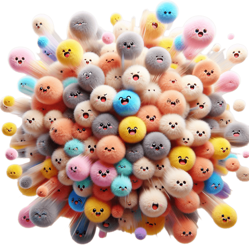 high definition, with lots of soft colorful fluffy fur balls. happy cartoon faces. exploding from middle of screen. No words