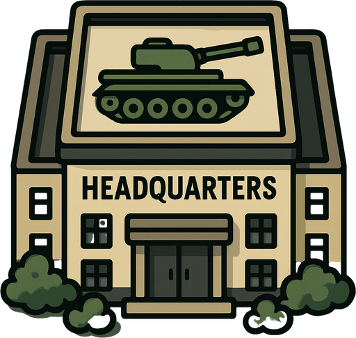 Kuş bakışı acısından bir karargah binası ve çatısımda tank resmi
In-Game asset.  2d.  High contrast.  No shadows