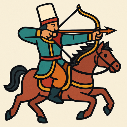 A soldier from the Ottoman period using a bow and arrow on a horse.
In-Game asset.  2d.  High contrast.  No shadows