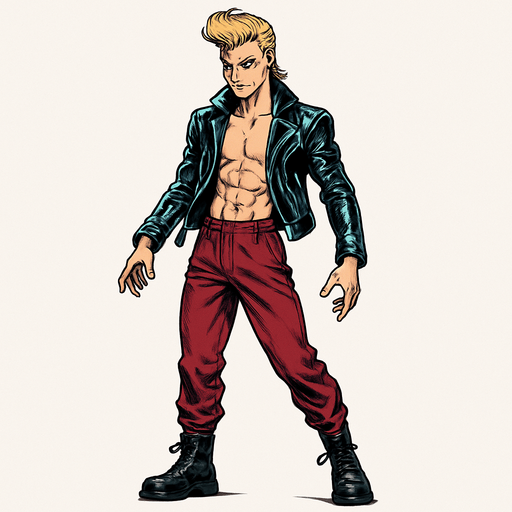 Swishy graceful man Cyberpunk manga, facing forward idle pose shiny black leather biker jacket longsleeves shirtless Skinny abs blonde pompadour guy, action shot wine red joggers combat boots, Background removed, "Full-body character, entirely in frame, no cropping of face, head, or feet" "Complete character visible, from head to toe, fully centered in the image" "Entire character, including face and boots, fully within the frame" Character fully contained within a square frame, no edges cut off fashion model pose