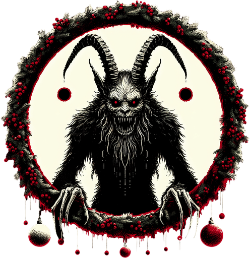 eerie christmas inspired krampus frame with two circular holes with a resident evil style.
Single Game Texture. In-Game asset. 2d. Blank background. High contrast. No shadows.