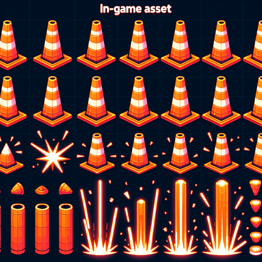 Neon orange cones (80px tall) in zigzag patterns

Behavior:

Knocked over with satisfying clatter sound

Perfect center-jump makes them explode into confetti

Pattern: Groups of 3-5 with varying spacing.
Single Game Texture.  In-Game asset.  2d.  Blank background.  High contrast.  No shadows