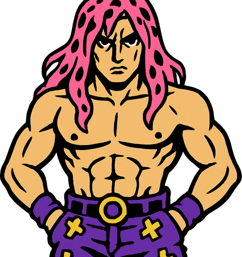 Un hombre con pelo largo color rosado con manchas negras y sin camisa con pantalón morado jojo's.
In-Game asset.  2d.  High contrast.  No shadows