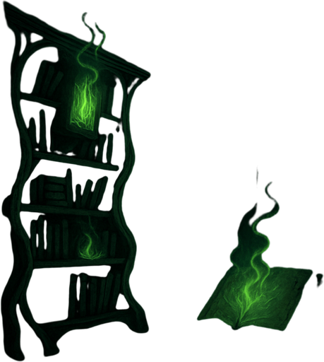 A cursed medieval library with twisted bookshelves, dark green glow from cursed tomes, whispers echoing through shadowed halls, realistic.
In-Game asset.  2d.  High contrast.  No shadows