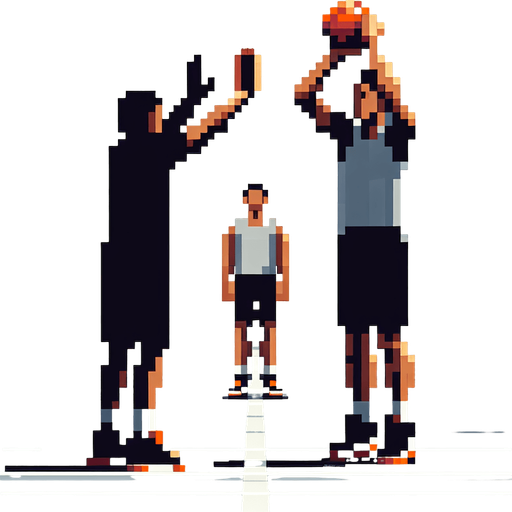 pixel art, an empty handed basketball player blocking with his empty hands over his head. full figure..
Blank background. High contrast. No shadows.
