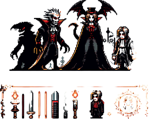 A pixel art sprite in a Super Nintendo, Super Castlevania style where it looks a little gothic/vampire hunter like

Single Game Texture. In-Game asset. 2d. Blank background. High contrast. No shadows.