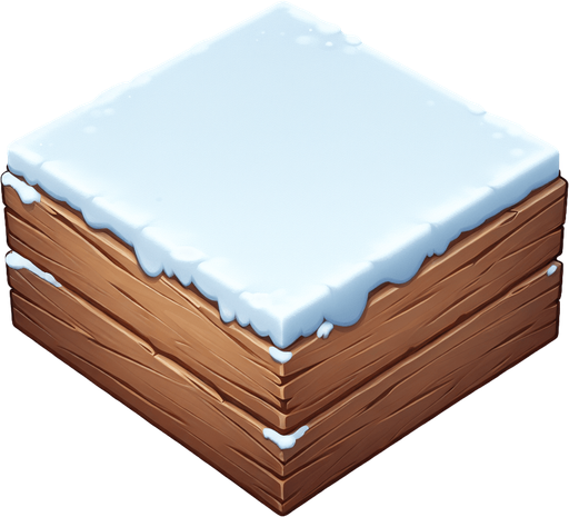 A wooden plan with snow on top edge. In game gui element. Flat front view. Single Game Texture. In-Game asset. 2d. Blank background. High contrast. No shadows.