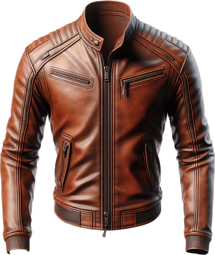 brown leather jacket.
Single Game Texture.  In-Game asset.  2d.  Blank background.  High contrast.  No shadows