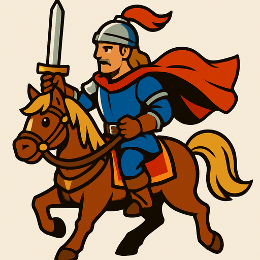 a hero man on the horse character image.
In-Game asset.  2d.  High contrast.  No shadows
