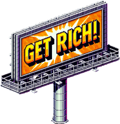 street ad billboard with 1 or 2 posts with "Get rich!" on it.
high definition video game sprite