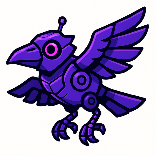 Crow robot morado volando.
In-Game asset.  2d.  High contrast.  No shadows