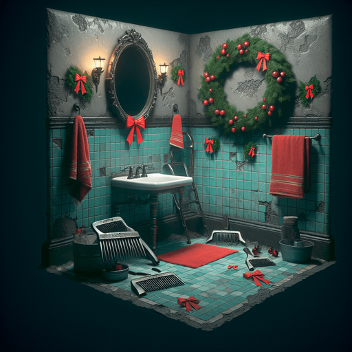 Eerie Christmas-inspired bathroom similar to a resident evil room
Single Game Texture. In-Game asset. 2d. Blank background. High contrast. No shadows.