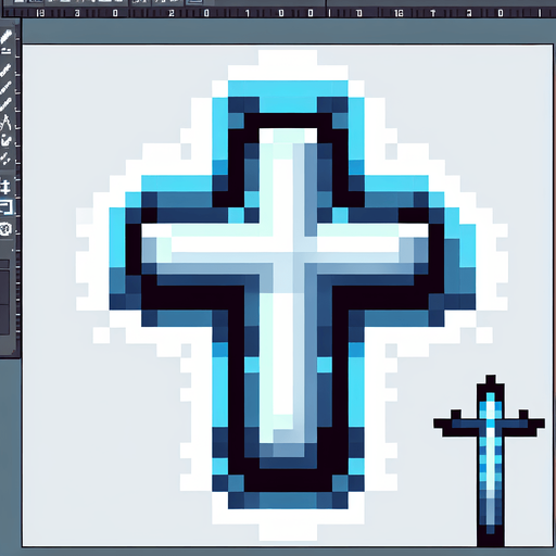 pixel art cross with blue accents
Single Game Texture. In-Game asset. 2d. Blank background. High contrast. No shadows.