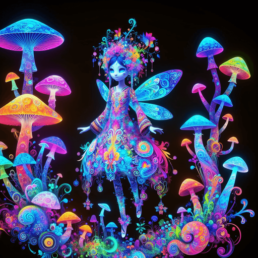 A whimsical fairy girl adorned in vibrant psychedelic colors, seamlessly blending with an array of fantastical mushrooms. Her ethereal form radiates a kaleidoscope of neon hues, creating a mesmerizing aura that dances with every movement. Mushrooms of various shapes and sizes adorn her attire and surroundings, adding an otherworldly charm to her enchanting presence.
Single Game Texture. In-Game asset. 2d. Blank background. High contrast. No shadows.